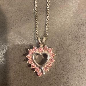 Heart Necklace Silver Plated Pink Stones